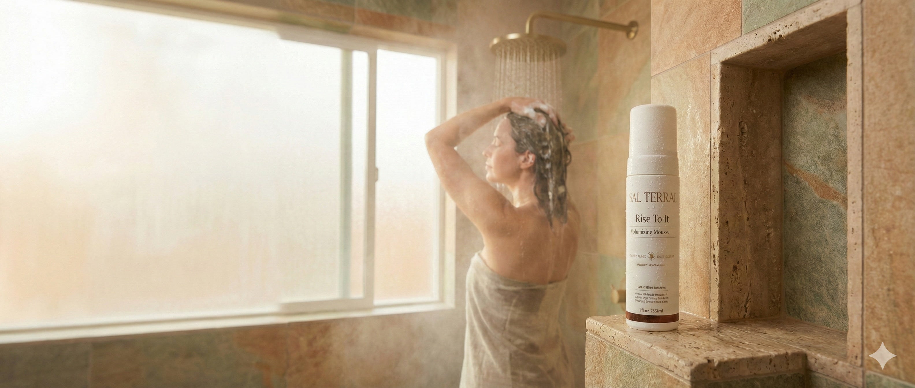 Woman using Sal Terrae Rise To It Volumizing Mousse in luxury shower